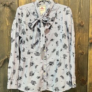 NZA New Zealand Auckland Button Up Top Ruffle Tie Neck 3 M Dress Shirt Blue Boho